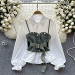 Korea sarja riietus Vananemisvastane komplekt Retro teksasist cami virnastatud k&otilde;ik-sobiv puhvisvarrukaga s&auml;rgid Kaheosaline komplekt Top One Size roheline
