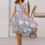 Naiste suvine vabaaja lillemustriga l&uuml;hikeste varrukatega kleit L sinine