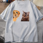 Sad Cat Mewing T-s&auml;rk Funny Two Cats Talking Meme Grpahic T-s&auml;rgid Naiste Meeste Puuvillane T-s&auml;rk Suvine l&uuml;hikeste varrukatega T-s&auml;rk S beež