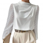 Naiste vabaaja s&auml;rk, poolk&otilde;rge krae, lainelise mustriga &scaron;ifoonist pikkade varrukatega pullover, &uuml;hev&auml;rvilised avarad pluusid, elegantsed kontorir&otilde;ivad S valge