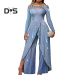 Naiste kombinesoon &otilde;&otilde;nes, l&auml;ikiv litter, kitsas v&ouml;&ouml;koha keskosa, p&auml;itsetega kael, lai jalg, pikk varrukas, l&otilde;hestatud ebaregulaarne pahkluu pikkune daami balli kombinesoon S taevasinine v&auml;rv