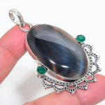 Natural Banded Agate, Diopside 925 Sterling Silver Jewelry Pendant 2.60 g3i02