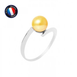 PERLINEA - Bague V&eacute;ritable Perle de Culture d'Eau Douce Ronde 7-8 mm - Colori Gold - Or Blanc - Bijou Femme