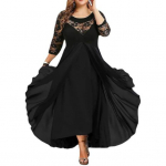 S&uuml;giskevadine naiste kleit, l&auml;bipaistev &otilde;&otilde;nes pits, lilltikandid, kolm neljandikku varrukatega kahekihilised &uuml;mara kaelusega, suur kiik, suur, k&otilde;rge XL must