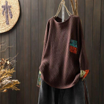 Johnature Vintage stiilis plaastrid O-kaelusega vabaaja avar sviiter, naine, talvine pikkade varrukatega retrokampsun One Size kohv