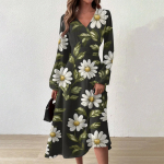 Naiste vabaajamoe V-kaelusega pikkade varrukatega lillemustriga pikk kleit L armee roheline v&auml;rv