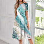 Naiste vaba vabaaja ja moodne &uuml;mara kaelusega l&uuml;hikeste varrukatega, tr&uuml;kitud keskmise pikkusega kleit L sinine