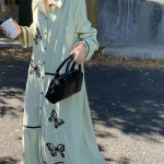 Etniline stiil Retro liblikatega tikitud midi s&auml;rk-kleit Vaba pitsidega seotav &uuml;he n&ouml;&ouml;biga vabaaja kleit Uus mood Naiste riided One Size khaki