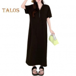 Naiste suvine l&uuml;hikeste varrukatega T-s&auml;rkkleit, poollukuga V-kaelusega maksikleit, vabaaja pikk suvekleit taskutega rannapuhkuseks XXL must