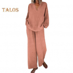 Naiste lahtine kaheosaline riietus pikkade varrukatega V-kaelusega laiade jalgadega p&uuml;ksid taskutega vabaaja koduriietus dressip&uuml;ksid 2XL sinine