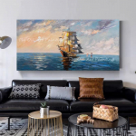 100% k&auml;sitsi maalitud suure suurusega kaasaegne abstraktne kvaliteetne ookeanimere merev&auml;e purjekas p&auml;ikeseloojanguga &otilde;limaal l&otilde;uendil kodukaunistusega 20*40cm