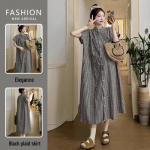 Kevad 2024 A-l&otilde;ik ruuduline raseduskleit - Retro, keskmise pikkusega, l&uuml;hikeste varrukatega M (80-100 jin) must