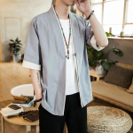 Suvised meeste kimono jakid Kardigan Kerge vabaaja puuvillasegudest linasest seitsmest varrukast avatud Hanfu mantel L helehall v&auml;rv