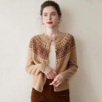 Naiste retro Fair Isle ka&scaron;miirist kampsun - pehme pikkade varrukatega &uuml;mmarguse kaelusega villane kampsun Medium kollane/kaamel