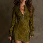 Naiste seemisnahast kleit V-kaelusega, lukuga, pitsiga, pikkade varrukatega, &uuml;hev&auml;rviline, vintage kleit XL