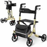 Walker support for seniors with a seat and a shopping bag up to 136 kg, gold