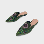 Samet tikandiga lilleline muul kingad naistele Elegantne kinga Terava ninaga suletud varbusslippersid libisevad peal tasased slaidid Femmes Pantuflas Sandalias 43 roheline
