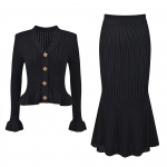 Prantsuse V-kaelusega Ruffle'idega Pikkade Varrukatega Kardigan, T&auml;ispikkusega Merineitsistiilis Kleit, Veniv Kootud Kaheosaline Komplekt L must