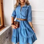&Uuml;herealine teksas&auml;rgikleit naiste suvine elegantne lahtine plisseeritud l&uuml;hike kleit daamile, suur A-line volangidega vintage sinine vabaajakleidid 590 S