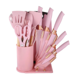 19-osaline silikoonist k&ouml;&ouml;gitarvikute komplekt puidust k&auml;epidemetega, mittenakkuvad, kuumakindlad toiduvalmistamisvahendid, induktsioonpott Fan-shaped Base 19-piece Kitchen Utensil Set Pink white