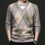 Meeste S-suurus V-kaelusega pikak&auml;eline kootud kampsun &Auml;rikasulik teemantmustriga pullover 4XL kaamel
