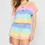 Wes Women Fashion Stripe Print l&uuml;hikeste varrukatega l&uuml;hikesed p&uuml;ksid Causal pidžaama &uuml;likond S roheline