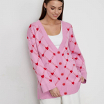 Naiste kevadised s&uuml;gise V-kaelusega &uuml;herealised silmkoelised topid For Pockect Love Jacquard kampsun-kardigan S roosa