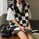 Ruuduline V-kaelusega kootud vest kampsun nais&uuml;li&otilde;pilaste s&uuml;gis- ja talve&uuml;likooli varrukateta kampsun vest naiste topp One Size must