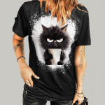 Naiste suvine T-s&auml;rk, musta kassi tr&uuml;kitud l&uuml;hikeste varrukatega T-s&auml;rk, vabaaja tr&uuml;kitud topp XS must