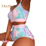 2 tk/komplekt Naiste pidžaama komplekt O kaela Varrukateta Prinditud Rihmaga &uuml;laosa Elastne K&otilde;rge v&ouml;&ouml;koht Shirring Edge Slim Fit l&uuml;hikesed p&uuml;ksid Kodur&otilde;ivad Vest Shorts Suvine komplekt M roosa