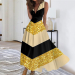 Naiste pikk kleit Maxi kleit vabaaja kleit Suvine vabaaja varrukateta V kaelus Boho v&ouml;&ouml;koht Retrotr&uuml;kiga kleit L must