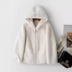 Kasukas naiste talvine korea l&uuml;hike emane soe lahtine pl&uuml;&uuml;sist kapuutsiga paks mantel jope mantel kunstkarusnahk M valge