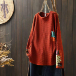 Johnature Vintage stiilis plaastrid O-kaelusega vabaaja avar sviiter, naine, talvine pikkade varrukatega retrokampsun One Size oranž