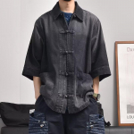 Retro Denim t&ouml;&ouml;riietus l&uuml;hikeste varrukatega s&auml;rk, Meeste ja naiste suvine moem&auml;rk, Jaapani retro poolepikkuste varrukatega trend, Lahe ja avar s&auml;rk M must