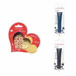 Kit pour biscuit en relief Coeur + 2 Stylos au chocolat bleu nuit et noir