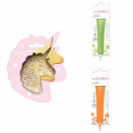 Kit pour biscuit en relief Licorne + 2 Stylos au chocolat vert clair et orange