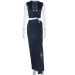 European and American Style Women's Fashionable Solid Color Dress with Slanted V-neck Exposed Single Shoulder Sleeveless Irregular Slit Skirt L must