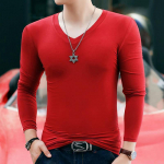 Men's Slim Fit V-Neck Long Sleeve T-Shirt - Solid Color Autumn Top 2XL (for 135-150 lbs)