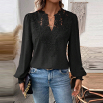 Naiste moodne &uuml;hev&auml;rviline V-kaelusega pikkade varrukatega pitsist T-s&auml;rk L must