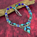 T&uuml;rkiis, Lapis Lazuli Kivist 925 Sterling H&otilde;bedast Kaelakee, Boheemlaslik Antiikne Kaelakee K&auml;sit&ouml;&ouml;ehted, Nepali Kaelakee Kingitus Naisele 18 Inches sinine