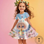 Pidulik kleit t&uuml;drukule Miniso 2025 Uus Suvi Disney LABUBU T&uuml;drukute 3D-tr&uuml;kk Armsad Lastekleidid Lapsele 120