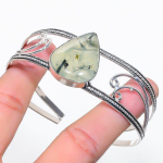 Natural Moss Prehnite Gemstone 925 Sterling Silver Cuff Bangle Adjustable m7h59