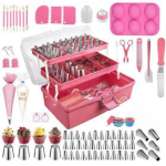 236-osalise tordikaunistamise komplekt koos pritskotide, otsikute, spaatli ja hoiukarbiga pink
