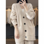 Moodne pikak&auml;iguline lai V-kaelusega kampsun-kardigan naistele talvine &uuml;hev&auml;rviline &uuml;he n&ouml;&ouml;biga vabaaja kootud kardigan-mantel naistele vintage kootud &uuml;ler&otilde;ivad 25518 One Size beež