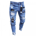 Meeste veniv, rebenenud k&otilde;hn biker tikandid print Teksad H&auml;vitatud auguga teibitud Slim Fit Denim kriimustatud teksa M sinine