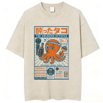 Jaapani Octo Beats Osaka Dotonbori Joobes Kaheksajalg Naljakad T-s&auml;rgid Mehed Naised Vintage Pestud &Uuml;lisuured Puuvillased T-s&auml;rgid Streetwear 2XL gray
