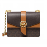 MICHAEL KORS Greenwich Kettklapiga Presb&uuml;oopia Tr&uuml;kitud Logo V&auml;rviplokk Kunstnahast &Otilde;la-Crossbody Kott V&auml;ike Naiste Pruun pruun
