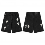 1518 CHROME HEARTS Meeste Mustad Denim L&uuml;hikesed P&uuml;ksid Valged ja Mustad Ristikujulised Plaastrid Kottis Streetwear Jorts 28