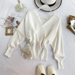 Moodne v kaelusega Batwing Sleeve sviiter Elegantne seljata s&uuml;giskootud top-pullover Uniform code valge