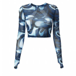 Seksikas See Trough Crop Top Y2K Vintage Graafilise Prindiga Roheline V&otilde;rgusilma l&auml;bipaistev T-s&auml;rk, Pikkade Varrukatega Slim Fit T-s&auml;rk Naiste riided S sinine